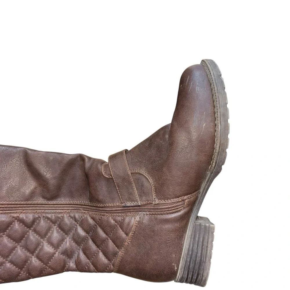 Knee High Brown Quilted Knit Riding Boots Women’s 7.5 Gold Buckle Zipper Accent - Picture 7 of 16